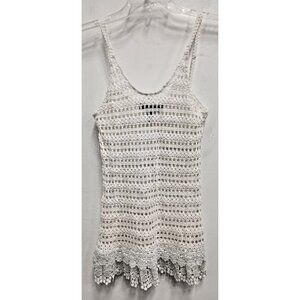 VTG Derek Heart Womens Tank Top Small White Crochet Sheer BOHO Festival Beach